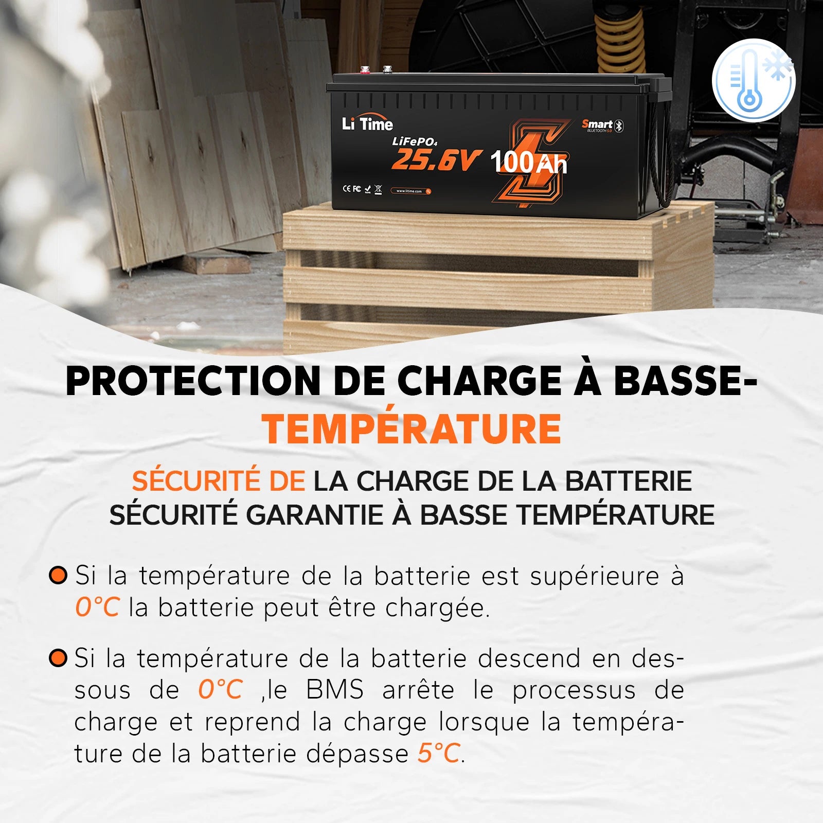 Batterie intelligente LiTime 24V 100Ah protégée contre le gel et le froid grâce à un BMS avec coupure automatique de charge en dessous de zéro.