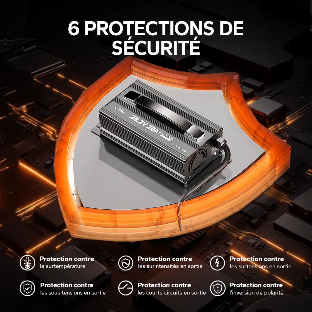 Les 6 protections de sécurité intégrées du chargeur LiFePO4 24V 20A